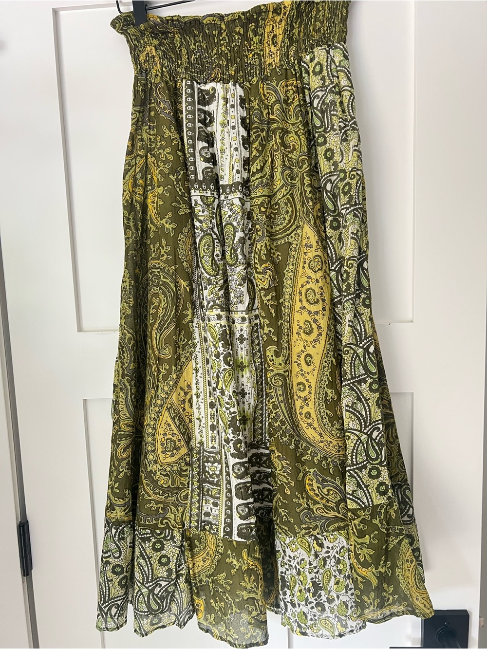 Solitaire Patchwork Paisley Maxi Skirt Smocked Waist Green Cream Size S